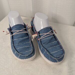 Hey Dude Loafers, Denim color with Red details, Size 6
